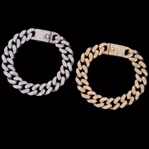 Gold plated Cuban link bracelet gold or silver Bling Unisex Chunky Rhinestone - Picture 4 of 6